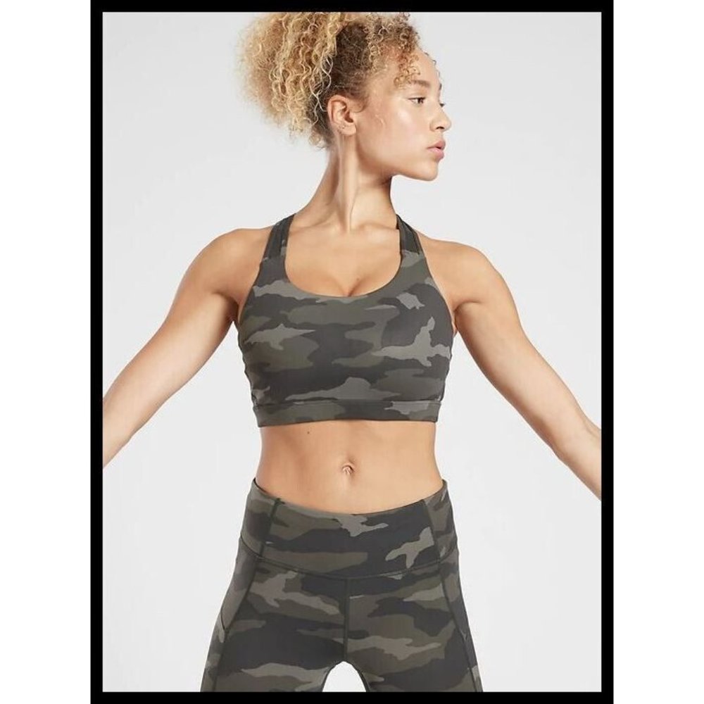 Athleta Womens M Green Black Camouflage D-DD Contender Sports Bra Racerback